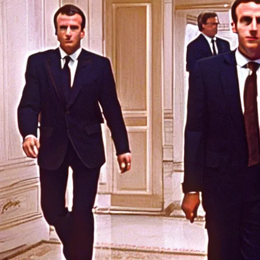 Image similar to Emmanuel Macron walking in American Psycho (1999)