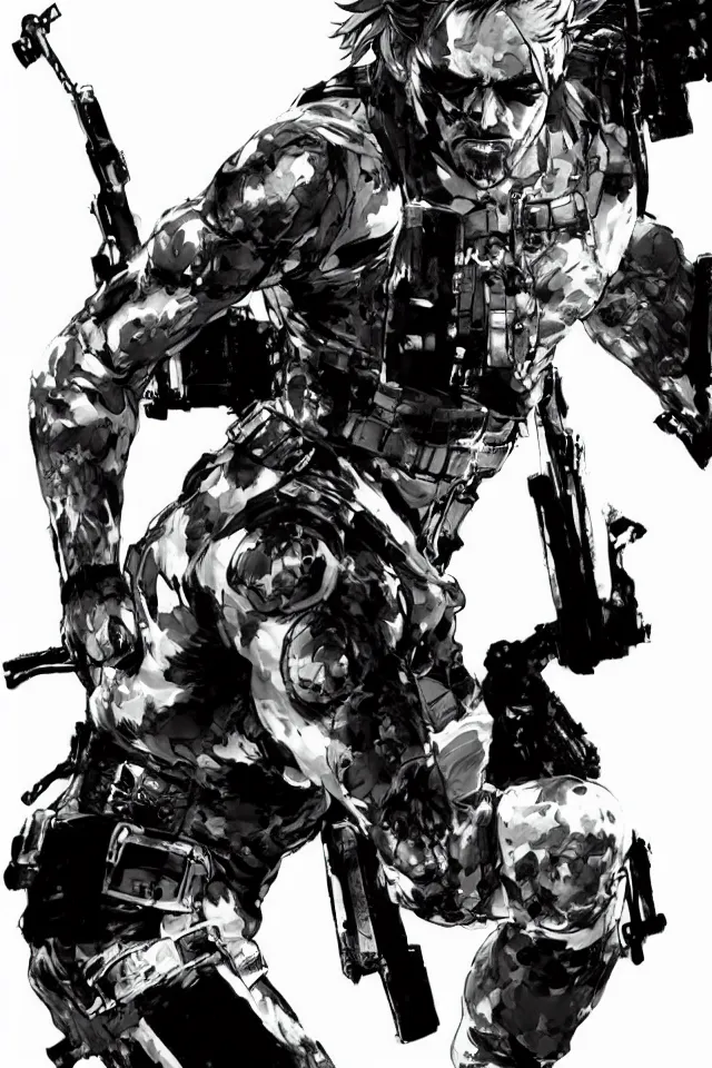 Prompt: a full - body portrait of the tiktoker anna banana, in yoji shinkawa's art style, metal gear solid art style, highly detailed, 4 k, artistic, white background, b & w