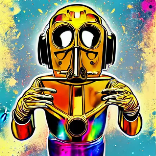 Image similar to artgerm, psychedelic laughing c 3 p 0, rocking out, headphones dj rave, digital artwork, r. crumb, svg vector