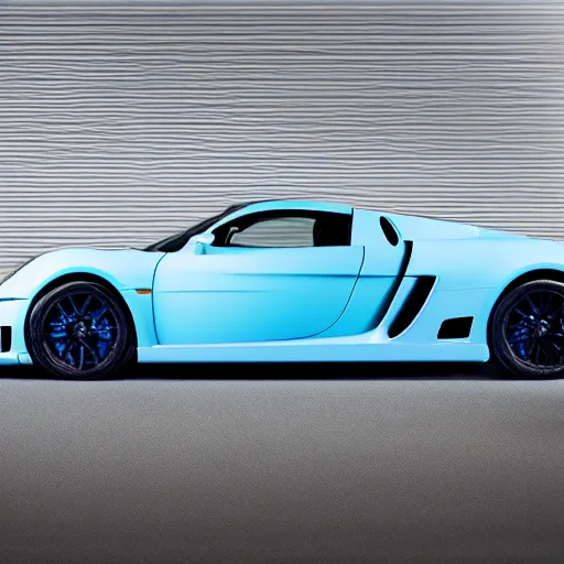 Prompt: Baby Blue Noble M600 driving through a garage, neon white lighting, 8k UHD, studio photography, high quality, high detail, stunning lighting