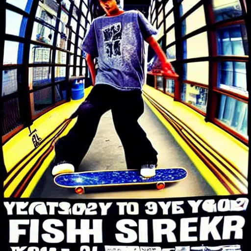 Image similar to y 2 k poster, fisheye photo of skateboard, street wear 2 0 0 0 s y 2 k