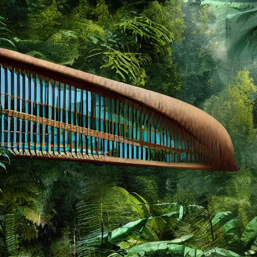 Prompt: timber megastructure in the middle of the jungle, parametric architecture, concept art, behance