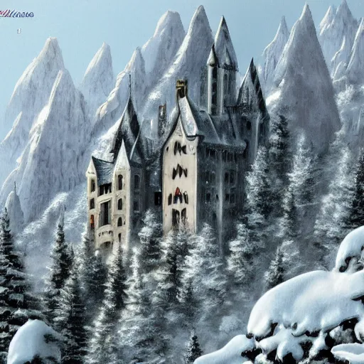 Image similar to vampire's castle in the mountains, snowy