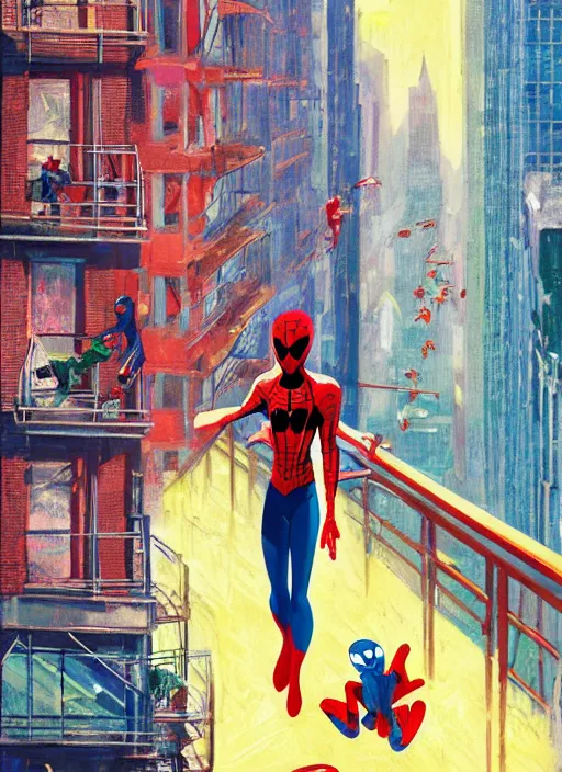 Image similar to spider - man into the spider - verse ( 2 0 1 8 ), anime key visual concept art of, spider woman standing on a balcony in new york city, golden rays, by alberto mielgo, 6 0's french movie poster, french impressionism, vivid colors, palette knife and brush strokes, fish eye lens, anaglyph