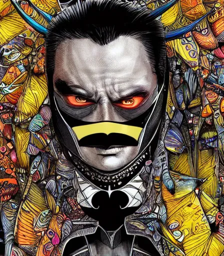 Prompt: hyper detailed comic illustration of a Rococopunk Batman, markings on his face, by by Android Jones intricate details, bright vibrant colors , solid background, low angle fish eye lens