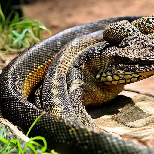 Image similar to rattlesnake and monitor lizard hybrid animal, half rattlesnake and half monitor lizard, real picture taken in zoo