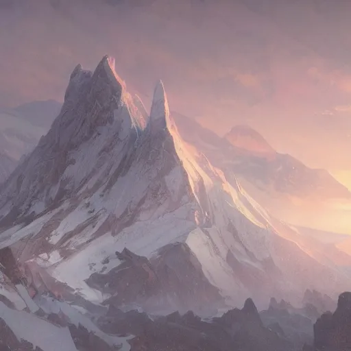 Image similar to Concept art, Snow mountains at dusk, 8k, alphonse mucha, james gurney, greg rutkowski, john howe, artstation