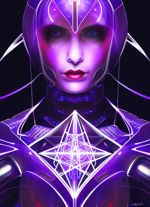 Prompt: symetrical close up portrait of lady voidstar in full high tech close fitting armor, robotic arms, glowing diagram of a swirl a pentagram and a star, intricate, elegant, purple, glowing lights, highly detailed, digital painting, artstation, concept art, smooth, sharp focus, illustration, art by wlop, mars ravelo and greg rutkowski