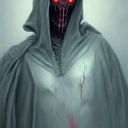 Image similar to portrait of demonic Tom Cruise with red glowing eyes in hood and crown of thorns, dark fantasy, Warhammer, artstation painted by Zdislav Beksinski and Wayne Barlowe