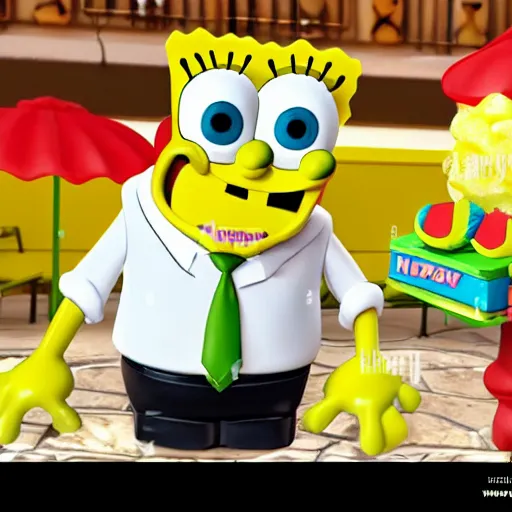 Image similar to spongebob squarepants made of rubber in 3 d, working as a waiter at an olive garden waiting on customers, hyperrealistic, 4 k