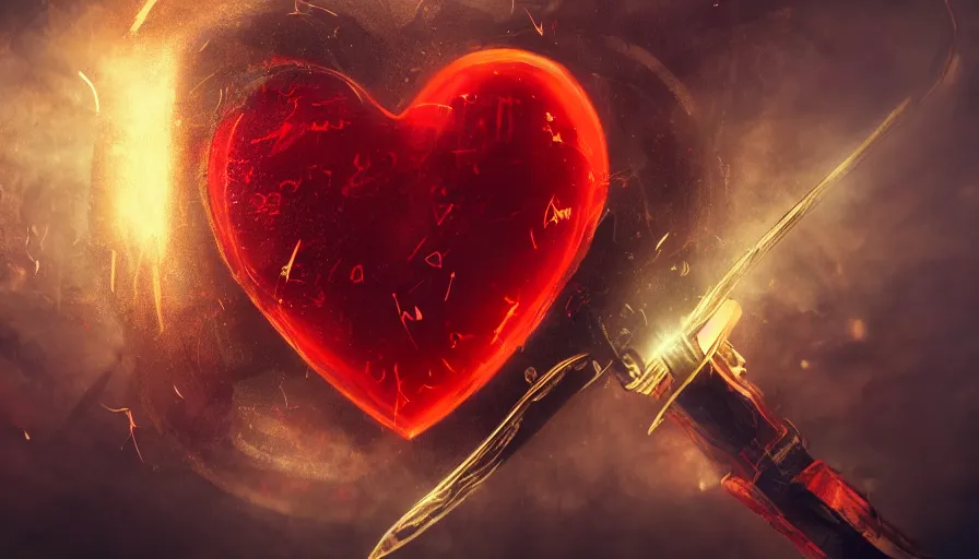 Prompt: a red heart with a sword bursting through it and the word ERES written on a gold plate on the heart, cinematic lighting, art station, establishing shot