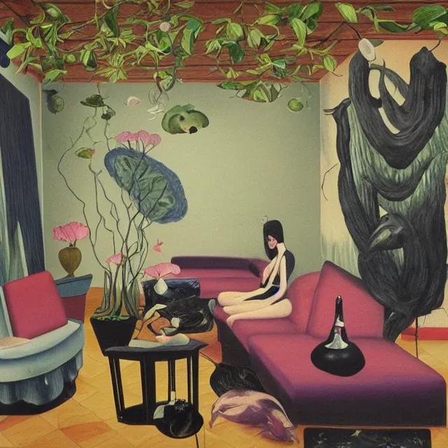 Image similar to female emo art student in her lounge room, painting of flood waters inside an artist's loungeroom, a river flooding indoors, pomegranates, pigs, ikebana, water, octopus, river, rapids, waterfall, black swans, canoe, berries, acrylic on canvas, surrealist, by magritte and monet