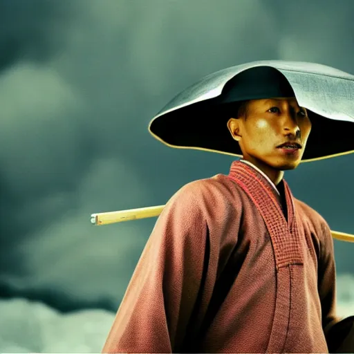 Image similar to cinematic film still Pharrell Williams starring as a Samurai with fire, Japanese CGI, VFX, 2003, 40mm lens, shallow depth of field,film photography