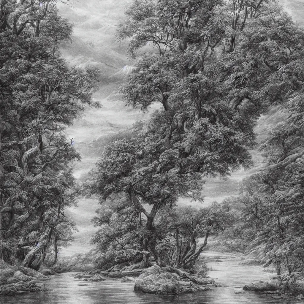 Image similar to realistic drawing of beautiful landscape, hyperdetailed, animals, trees, river