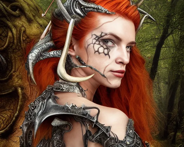 Image similar to 5 5 mm portrait photo of an armored gorgeous anesthetic redhead woman warrior with a face tattoo and horns growing from her head, and small dragon sitting on her shoulder in a magical forest in the style of stefan kostic, art by luis royo. highly detailed 8 k. intricate. lifelike. soft light. nikon d 8 5 0. cinematic post - processing