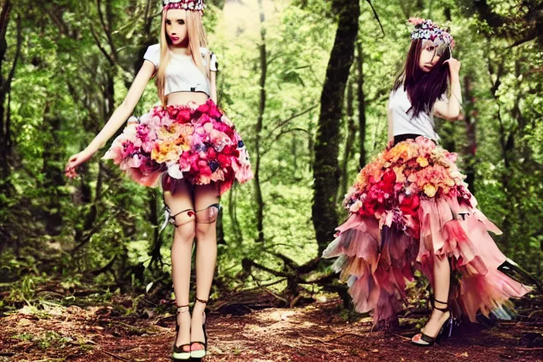 Image similar to chibi anime fashion model wearing valentino 2 0 1 4 floral skirt and jeweled headpiece outdoors in the woods, flowers