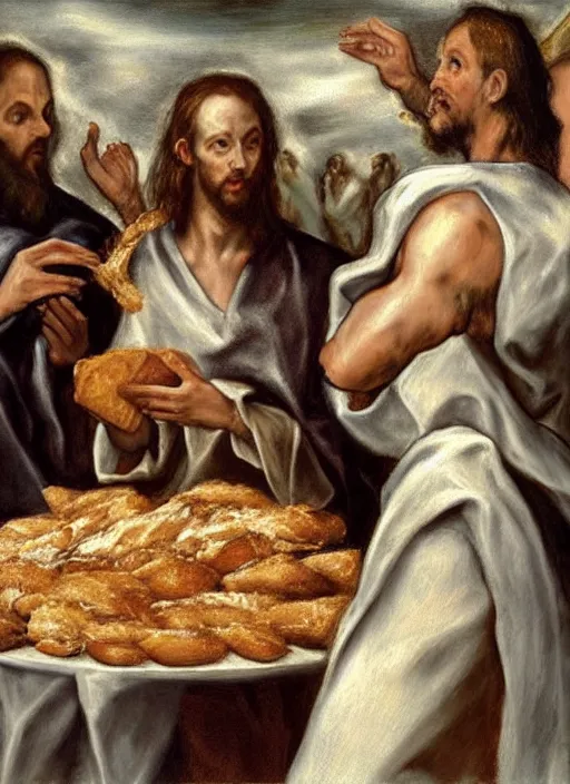 Prompt: Jesus Christ making the miracle of changing bread into fish!!!!! at the wedding of Canaan, I'm the style of El Greco, late Renaissance, hyper realistic, hyper detailed, trending on artstation