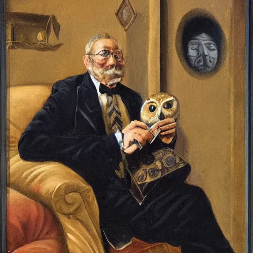 Image similar to portrait of an owl man sitting on a couch smoking a pipe, realistic masterpiece