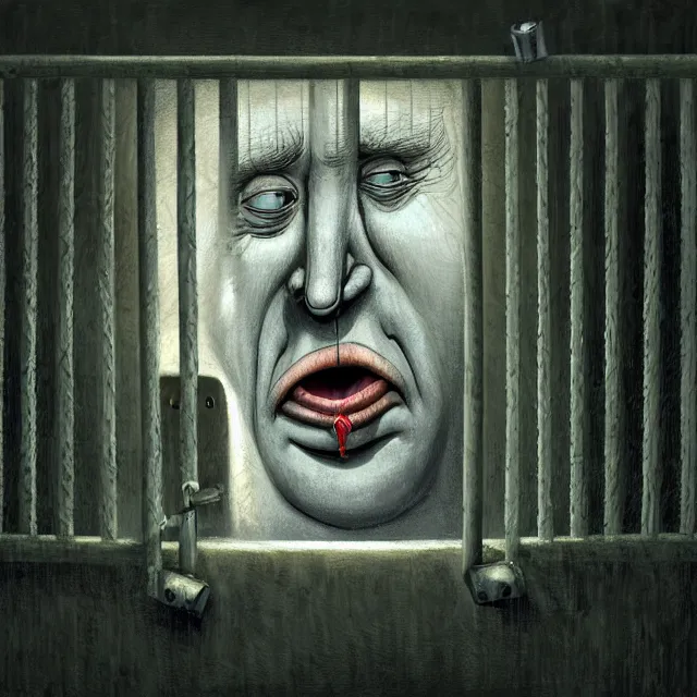 Prompt: prison cell behind bars of jail gediminas pranckevicius | close up portrait of a the trump behind jail bars in the sinister valley of despair, one mouth, one nose, two eyes, oil painting by tomasz jedruszek, cinematic lighting, pen and ink, intricate line, hd, 4 k, million of likes, trending on artstation