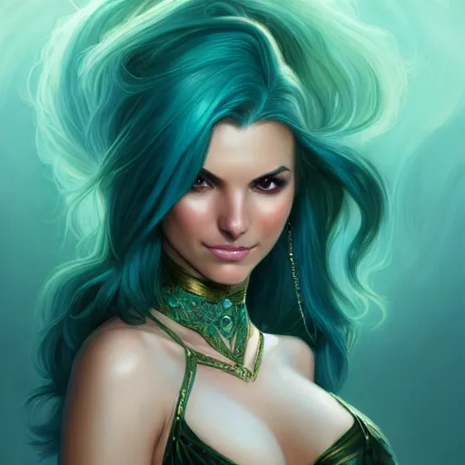 Prompt: Victoria Justice with pale skin, teal hair and green eyes as Emma Frost, western, D&D, fantasy, intricate, elegant, highly detailed, digital painting, artstation, concept art, matte, sharp focus, illustration, art by Artgerm and Greg Rutkowski and Alphonse Mucha