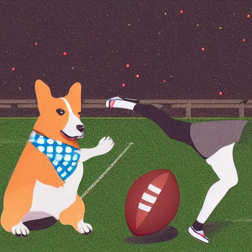 Image similar to illustration of french boy in paris playing football against a corgi, the corgi is wearing a polka dot scarf