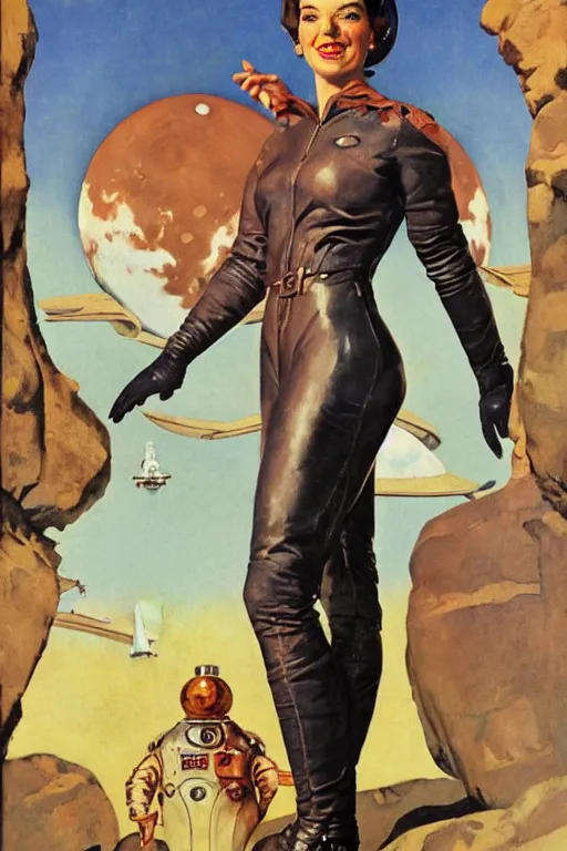 Image similar to 5 0 s pulp scifi fantasy illustration full body portrait slim woman in leather spacesuit on rocky mars, by norman rockwell, roberto ferri, daniel gerhartz, edd cartier, jack kirby, howard v brown, ruan jia, tom lovell, frank r paul, jacob collins, dean cornwell, astounding stories, amazing, fantasy, other worlds