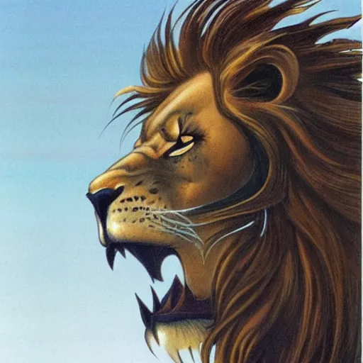 Image similar to a lion with full mane of spikes and crocodile skin by boris vallejo