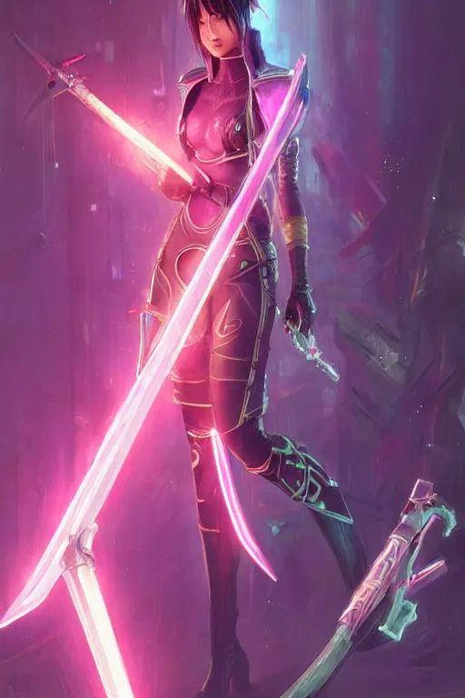 Image similar to fiora from league of legends, cyberpunk futuristic neon. long sword in her hand, decorated with traditional japanese ornaments by ismail inceoglu dragan bibin hans thoma greg rutkowski alexandros pyromallis nekro rene maritte illustrated, perfect face, fine details, realistic shaded, fine - face, pretty face, masterpiece