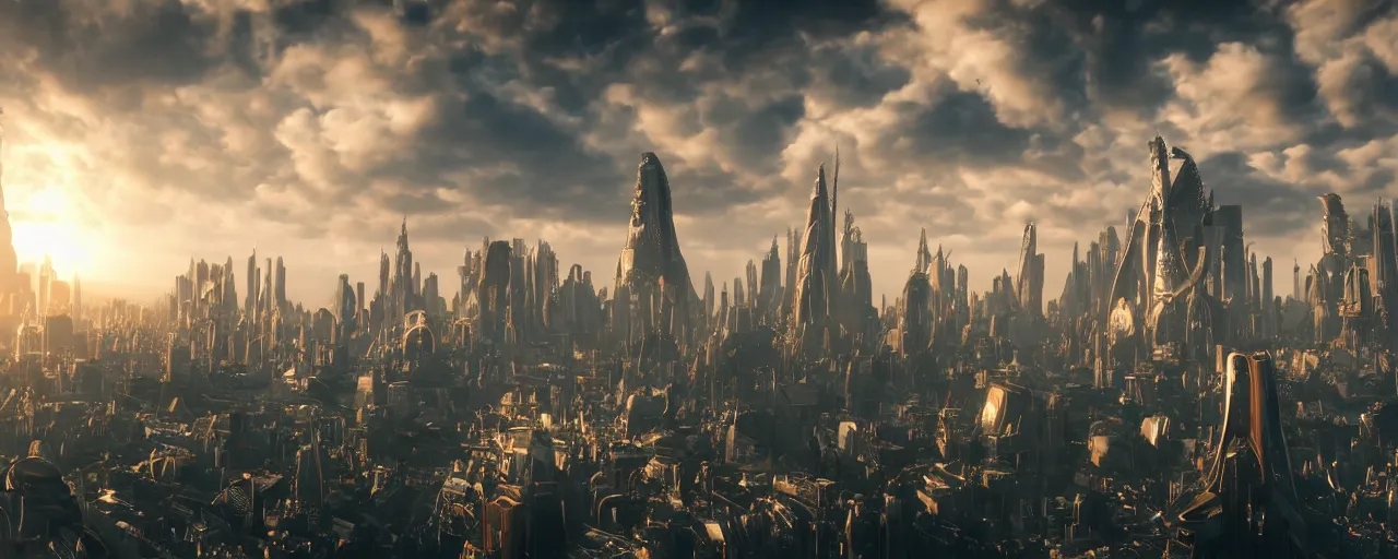 Prompt: majestic futuristic elf city, epic scale, dramatic buildings, dramatic clouds, cinematic sky, 8 k, unreal engine 5