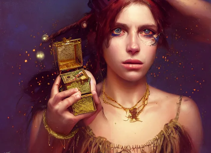 Image similar to full body picture of a pirate girl, hard breathing, messy hair, very excited, sparkling eyes, front of the treasure box, jewels and gold on the background, coveted, beautiful and aesthetic and attractive and detailed face, specular reflection, occlusion shadow, intricate, bokeh, masterpiece, by ilya kuvshinov and jeremy lipking and quentin mabille