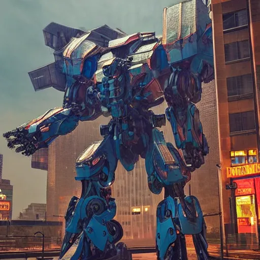 Image similar to a beautiful hyperrealistic ultradetailed 3D render of a gigantic mecha standing in the city, by brian sum and stephen martiniere and Antonio Manzanedo. mech, dragon, unreal engine, octane render, PBR, 3D, brilliantly colored, intricate, wide angle, volumetric lighting, polished, path tracing