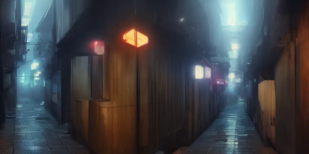 Image similar to a japanese alleyway in the style of blade runner 2049, volumetric lighting,