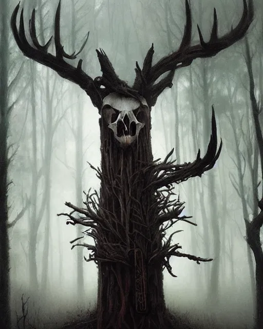 Image similar to oil painting of forest spirit made out of wooden sticks with a deer skull for a face, dark forest, fog, dark fantasy, gloomy, pale colors, by greg rutkowski