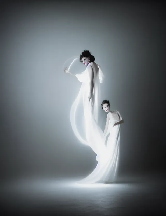 Prompt: kodak portra 4 0 0 photo portrait of a beautiful woman in style of paolo roversi, lightpainting motion blur, dress in white, elegant, soft coloured gel lighting, black background, highly detailed, sharp focus, ethereal, out worldly colours, emotionally evoking, head in focus, soft blur coloured gel light dreamy, volumetric lighting