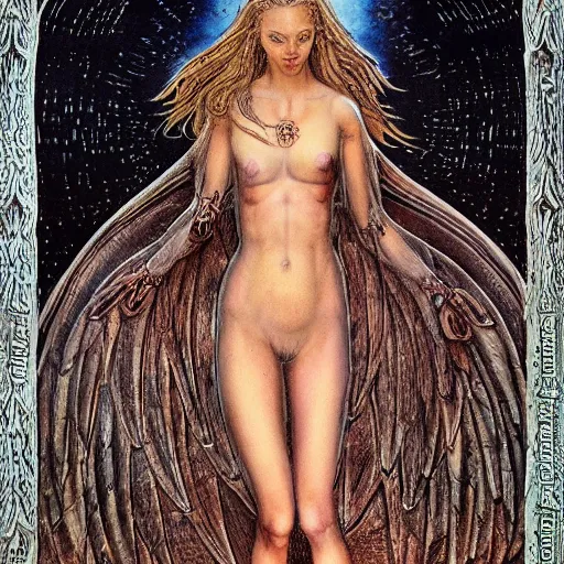 Prompt: most beautiful silk steel maiden, cygnus milieu of desert of purgatory, in the style of william blake, terese nielsen, detailed, intricate, beautiful faces, steve argyle, pastoral fantastic reality