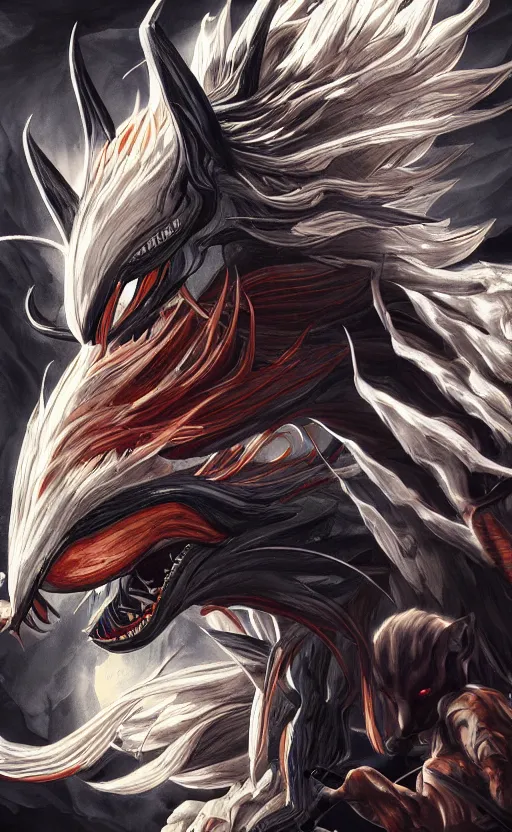 Image similar to venom as the nine tailed fox, kurama, dynamic lighting, photorealistic dark fantasy concept art, trending on art station, stunning visuals, creative, cinematic, ultra detailed