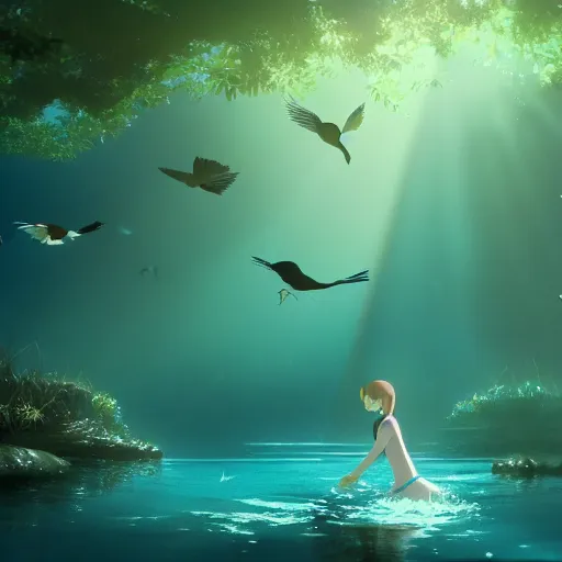 Prompt: young girl swimming in underwater forest with birds, light rays through water, sharp focus, Miyazaki, Makoto Shinkai, Highly Detailed, Cinematic Lighting, 8k, HD