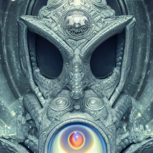 Image similar to cosmic deity with cyclops eye made of interstellar stargate with molten honeycomb structure, intricate detail, royo, whealan, giger, hd, 8 k, octane render, unreal engine,