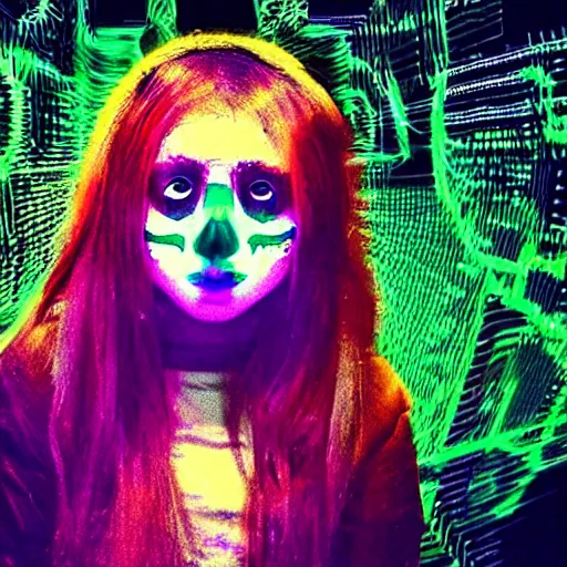 Image similar to terrifying ghost girl, brutal violence, glitchcore datamosh, found footage