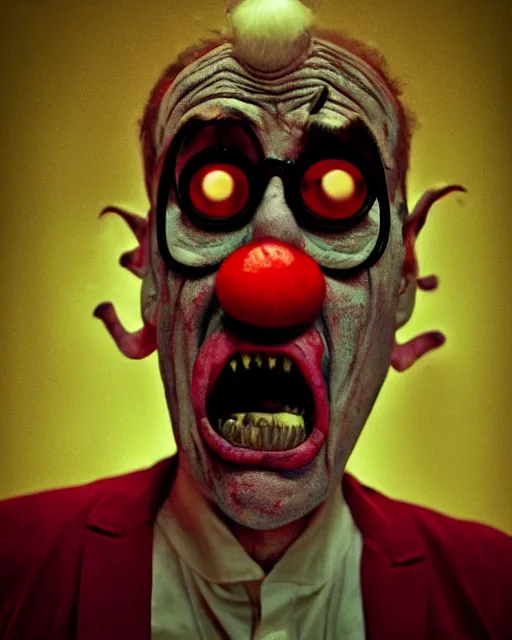 Image similar to portrait of an ugly old possessed crying clown. ugly, creepy, demonic, horror. cinematic lighting. photographic, photography. by justin roiland