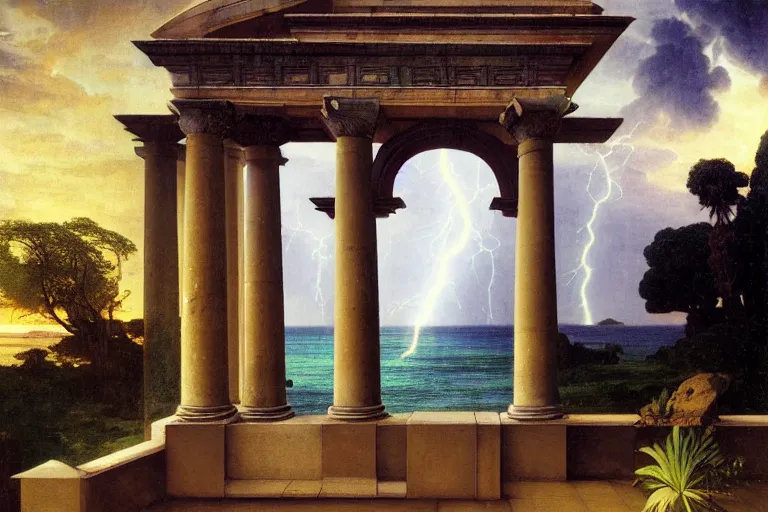 Image similar to Doric temple on front of balustrade and palace columns, refracted lightnings on the ocean, thunderstorm, tarot cards characters, beach and Tropical vegetation on the background major arcana sky and occult symbols, by paul delaroche, hyperrealistic 4k uhd, award-winning, very detailed paradise