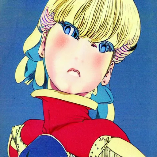 Image similar to Platinum-blonde-haired hime cut blue-eyed French empress, 1977 anime, retro anime style