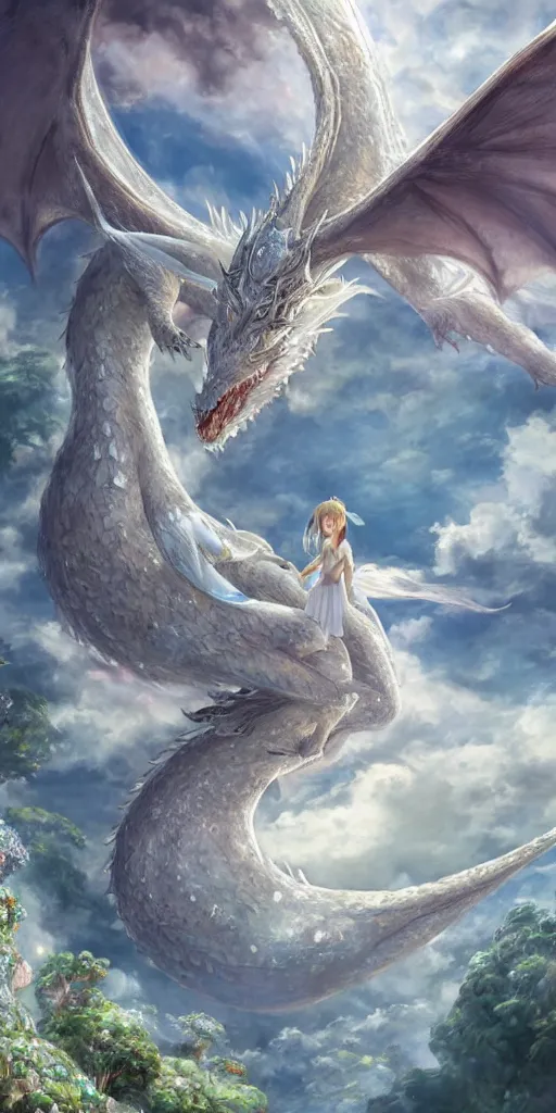 Image similar to the beautiful hyper detailed scene render that a lonely beautiful girl lies in the arms of a huge silver white dragon alone in fairyland surrounded by white clouds, finely detailed angelic face delicate features, style of studio ghibli, makoto shinkai, raphael lacoste, louis comfort tiffany, artgerm, james jean, ross tran, animation style, hd, ultra wide angle