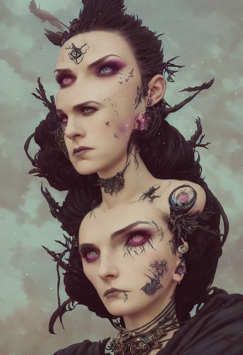 Image similar to beautiful very extreme closeup portrait, goth girl, piercings collar, mohawk hairstyle, medieval dress. witch, makeup. unreal engine, greg rutkowski, loish, rhads, beeple, tom bagshaw, alphonse mucha, global illumination, detailed and intricate environment