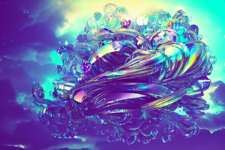 Image similar to simplicity, a huge flock of many ornate iridescent puffy filigreed clouds tangled into large whirling ultra detailed crystal specimens, cyberpunk environment, playful, award winning art, epic dreamlike fantasy landscape, ultra realistic,