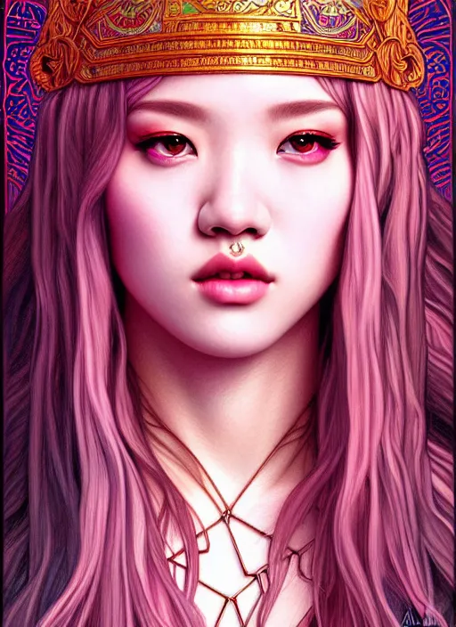 Image similar to jossi of blackpink, king, tarot card, highly detailed, digital painting, smooth, sharp focus, illustration, ultra realistic, 8 k, art by artgerm and alphonse mucha