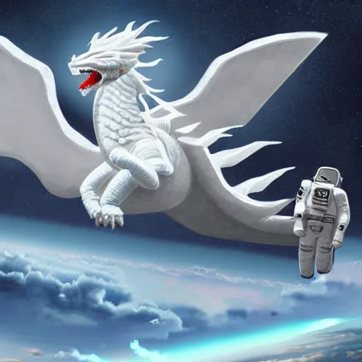 Image similar to illustration of astronaut riding a white dragon over the clouds, digital art, matte painting