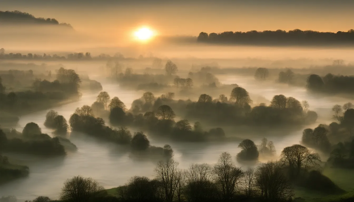 Image similar to A landscape photo taken by Kai Hornung of a river at dawn, misty, early morning sunlight, cold, chilly, rural, English countryside