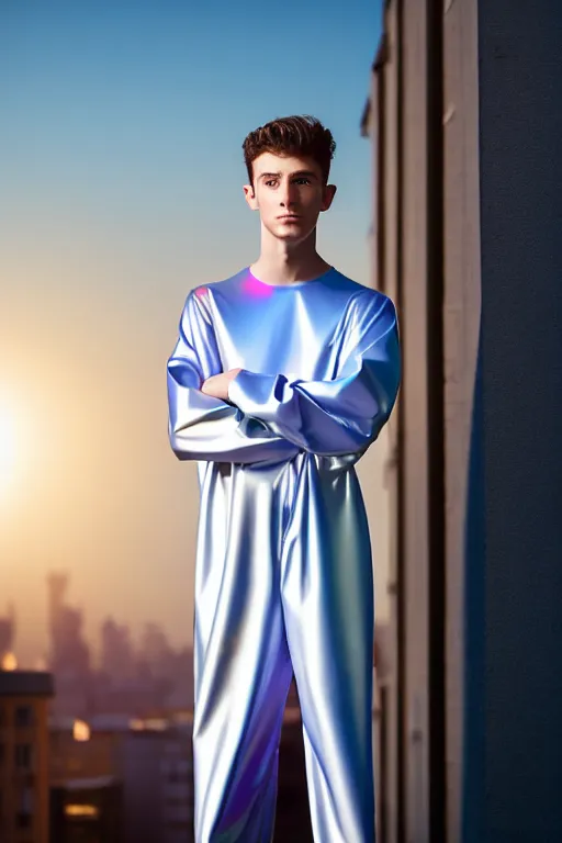 Image similar to un ultra high definition studio quality photographic art portrait of a young man standing on the rooftop of a british apartment building wearing soft baggy inflatable padded iridescent pearlescent jumpsuit. three point light. extremely detailed. golden ratio, ray tracing, volumetric light, shallow depth of field. set dressed.