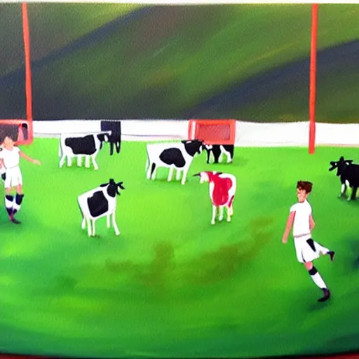 Image similar to painting of soccer game played by cows